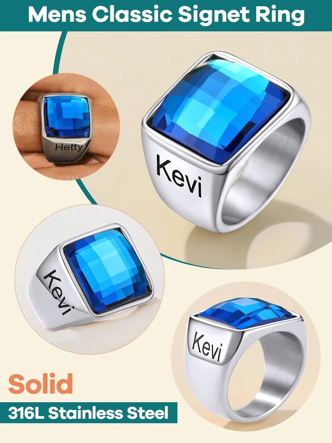 Supcare Square Gemstone Signet Ring for Men,Blue Topaz/Black Onxy Cocktail Ring Comfort Fit Size 7-14,Custom Jewelry for Men (with Gift Package)