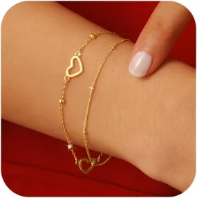 SUYACS 14K Gold Plated Heart Beaded Layered Bracelets for Women Cute Double Hollow Love Heart Link Bracelet Dainty Adjustable Double Stranded Chain Jewelry Gifts for Her
