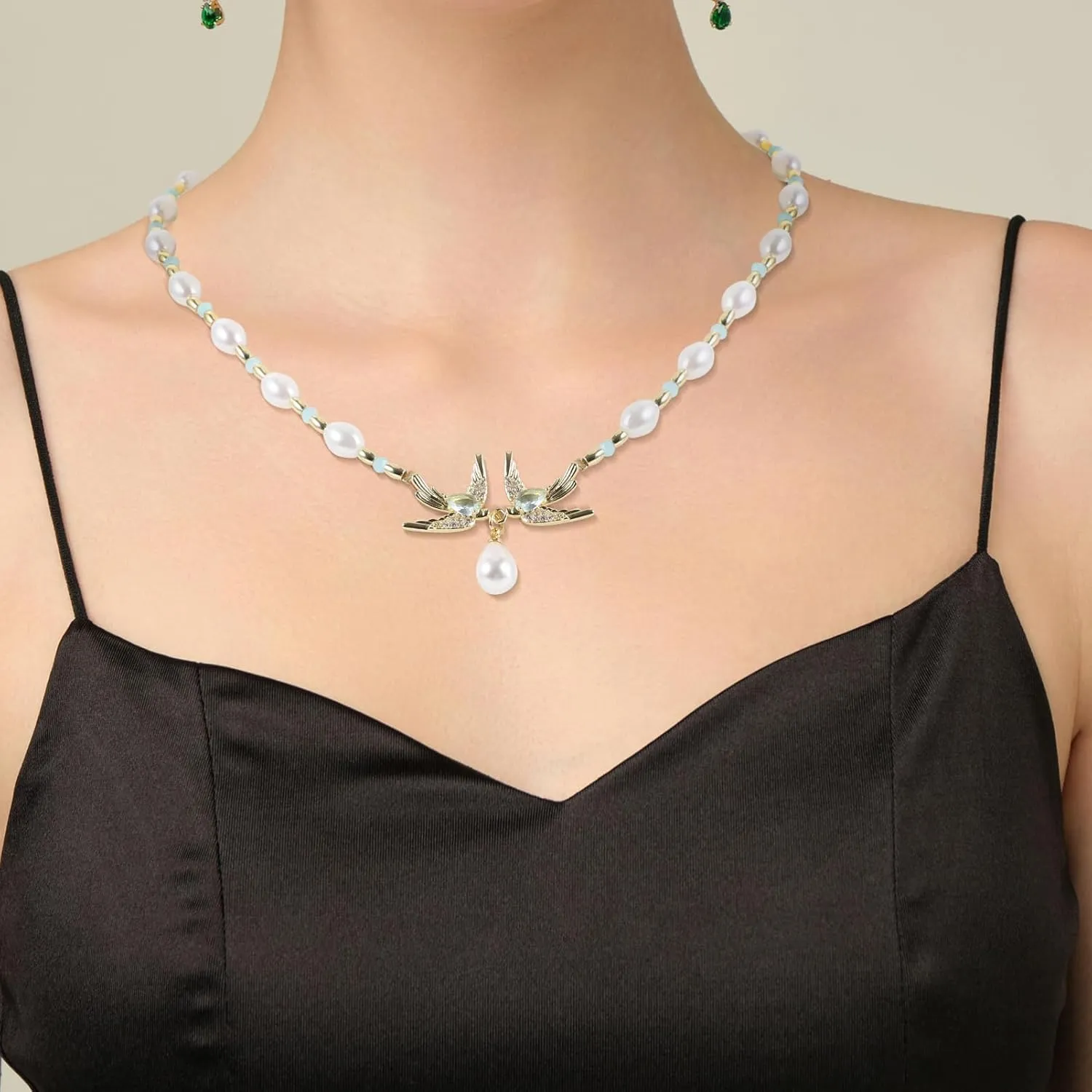 Swallow Pendant Necklace for Women Elegant Zircon Water Drop Pearl Charm Jewelry for Festivals