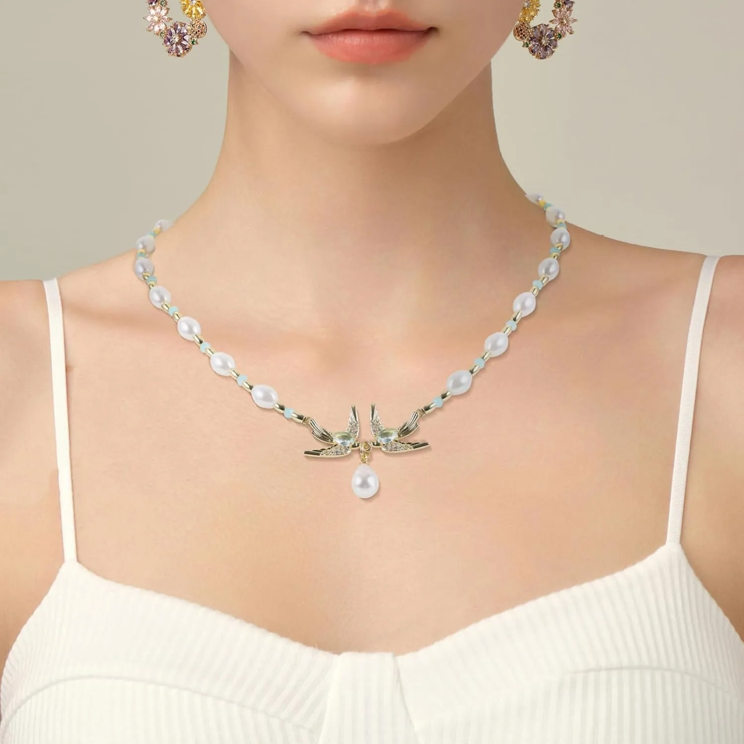 Swallow Pendant Necklace for Women Elegant Zircon Water Drop Pearl Charm Jewelry for Festivals