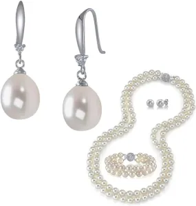 The Pearl Source Freshwater Pearl Dangle Earrings | Double Strand Necklace Bracelet and Earrings Set | Jewelry for Women | 14K Gold Plated
