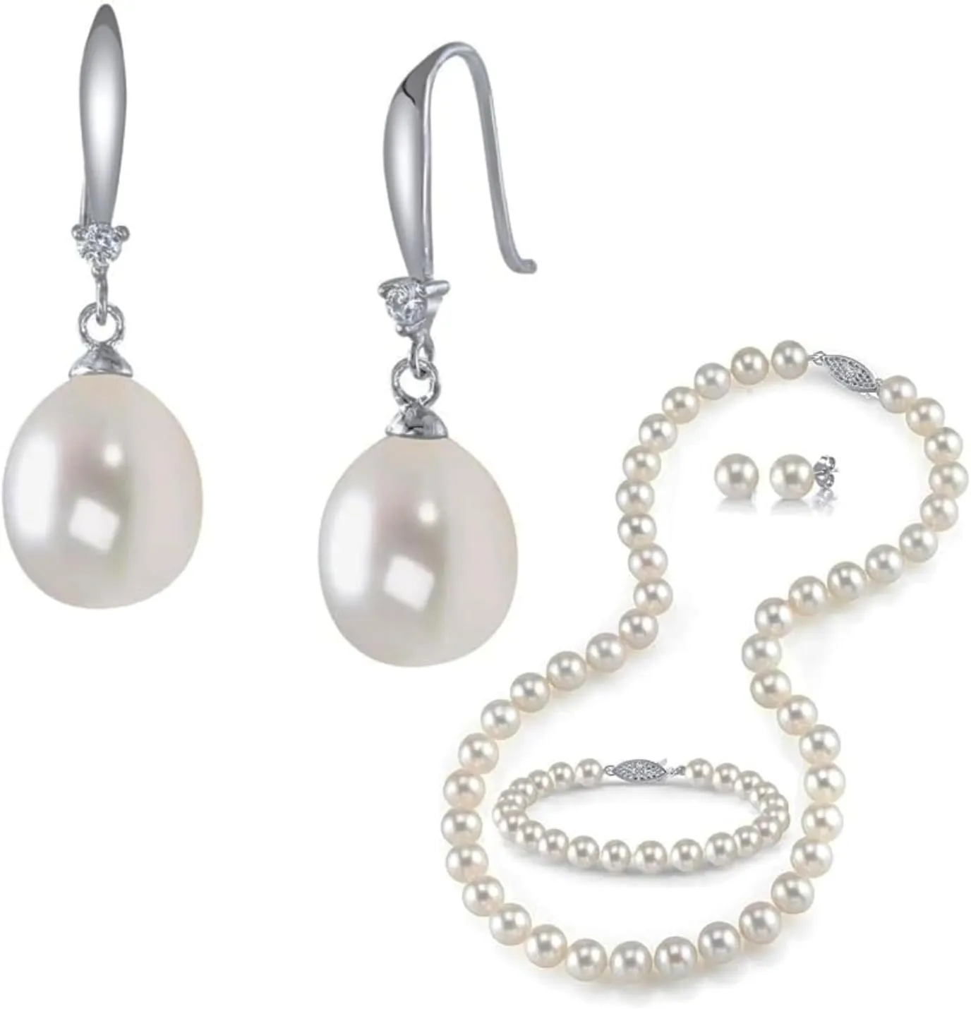 The Pearl Source Freshwater Pearl Dangle Earrings | Necklace and Earring Set with Pearl Bracelet | Jewelry for Women | 14K Gold Plated