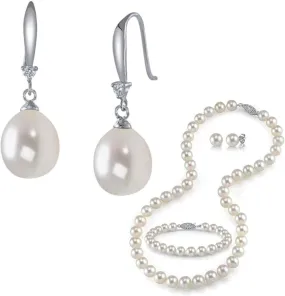 The Pearl Source Freshwater Pearl Dangle Earrings | Necklace and Earring Set with Pearl Bracelet | Jewelry for Women | 14K Gold Plated
