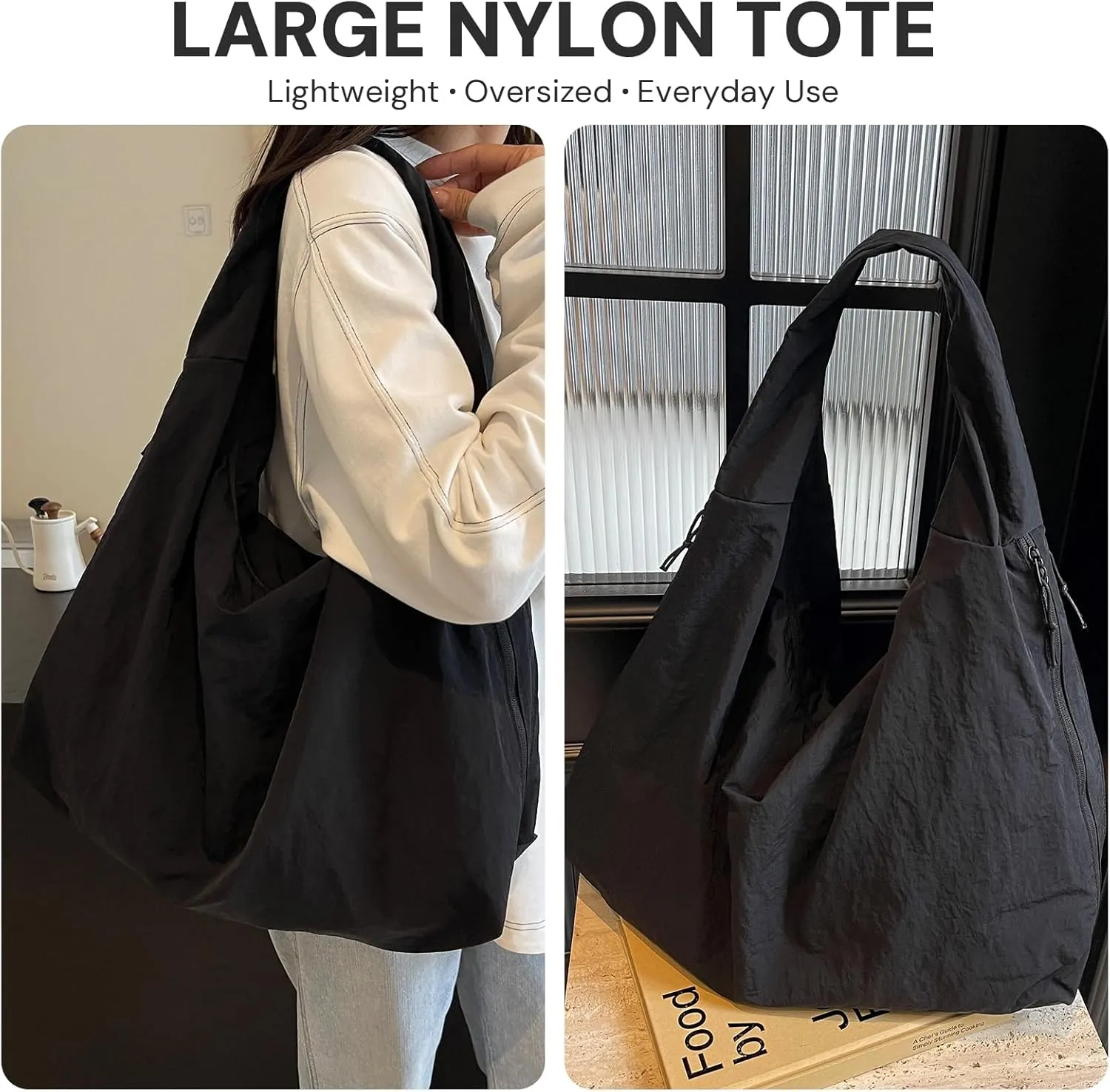 Tote Bag for Women, Lightweight Foldable Nylon Slouchy Tote, Large Capacity Womens Hobo Bag for Travel, Gym, Daily Use