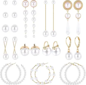 UBGICIG 13 Pairs Pearl Earrings - Lightweight Hoops, Studs, Circle Drop & Dangle Simulated Long Gold Pearl Earring Set
