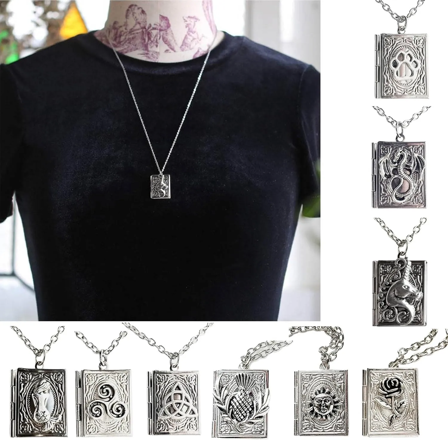unique Gothic pendant necklace, stylish and personalized book-shaped locket pendant necklace, suitable for daily wear, dating parties