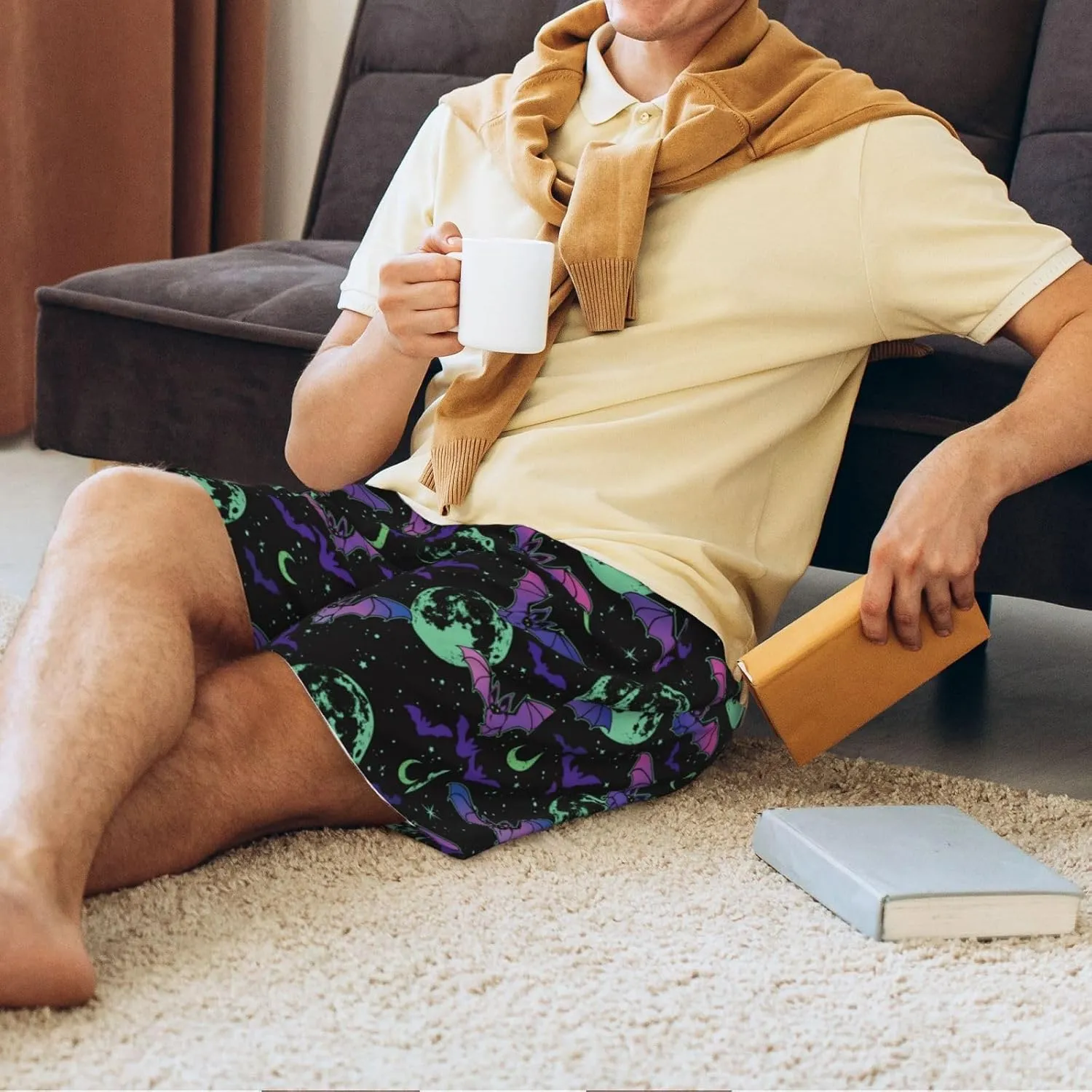 Vosery Mens Pajama Pants - Bat Moon Comfy Sleep Shorts Mens Pajama Shorts, Mens Lounge Shorts Pj Pants
