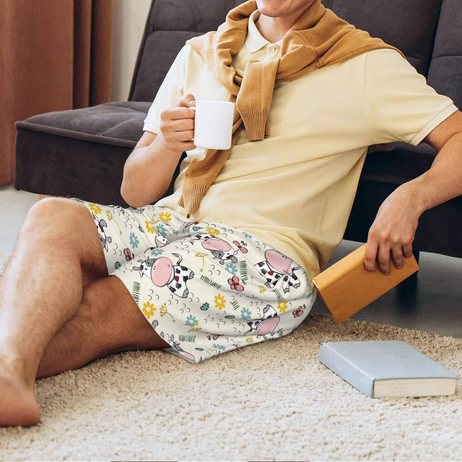 Vosery Mens Pajama Pants - Cute Cow Print Comfy Sleep Shorts Mens Pajama Shorts, Mens Lounge Shorts Pj Pants