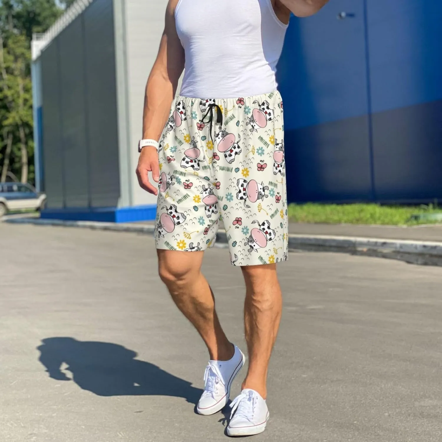 Vosery Mens Pajama Pants - Cute Cow Print Comfy Sleep Shorts Mens Pajama Shorts, Mens Lounge Shorts Pj Pants
