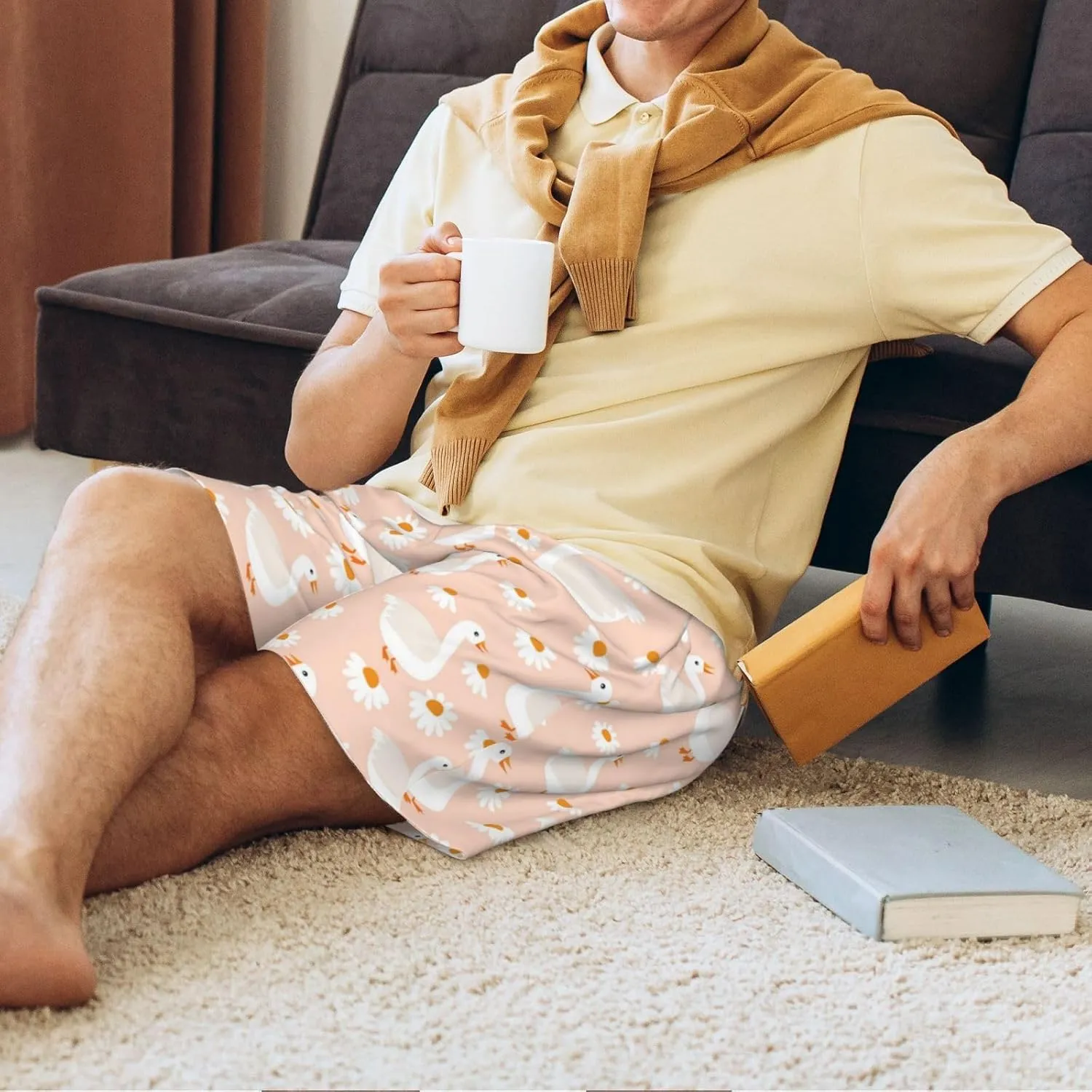 Vosery Mens Pajama Pants - Geese And Flower Comfy Sleep Shorts Mens Pajama Shorts, Mens Lounge Shorts Pj Pants