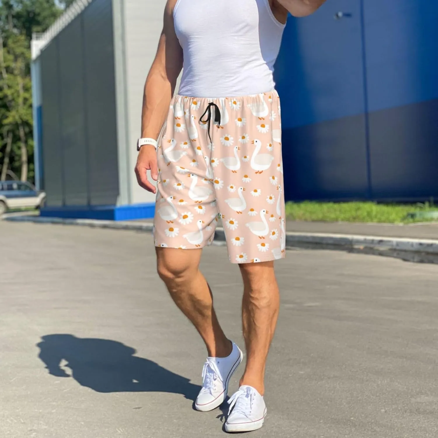 Vosery Mens Pajama Pants - Geese And Flower Comfy Sleep Shorts Mens Pajama Shorts, Mens Lounge Shorts Pj Pants