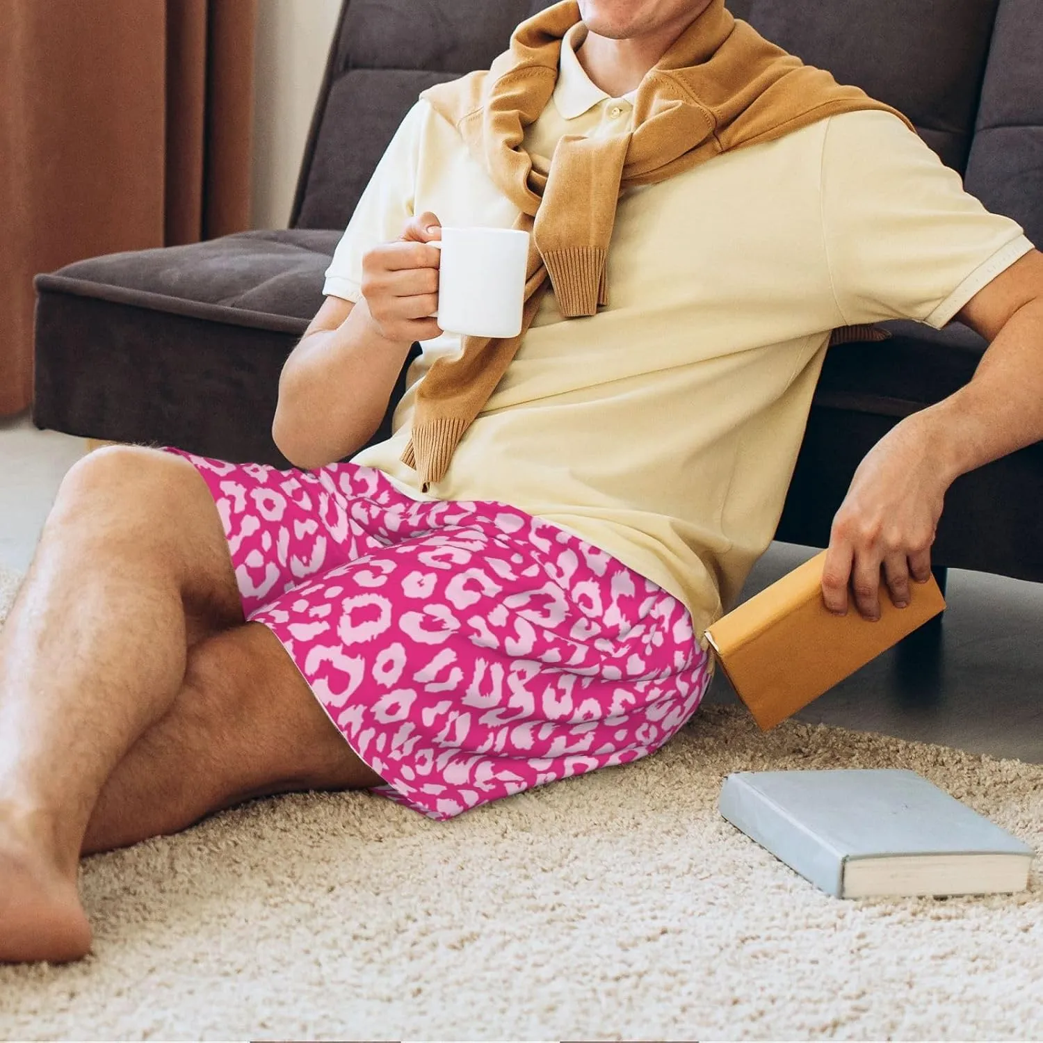 Vosery Mens Pajama Pants - Leopard Pink Comfy Sleep Shorts Mens Pajama Shorts, Mens Lounge Shorts Pj Pants