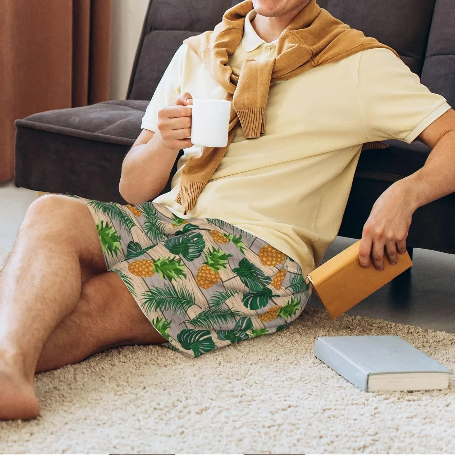 Vosery Mens Pajama Pants - Pineapples Palm Leaves Comfy Sleep Shorts Mens Pajama Shorts, Mens Lounge Shorts Pj Pants