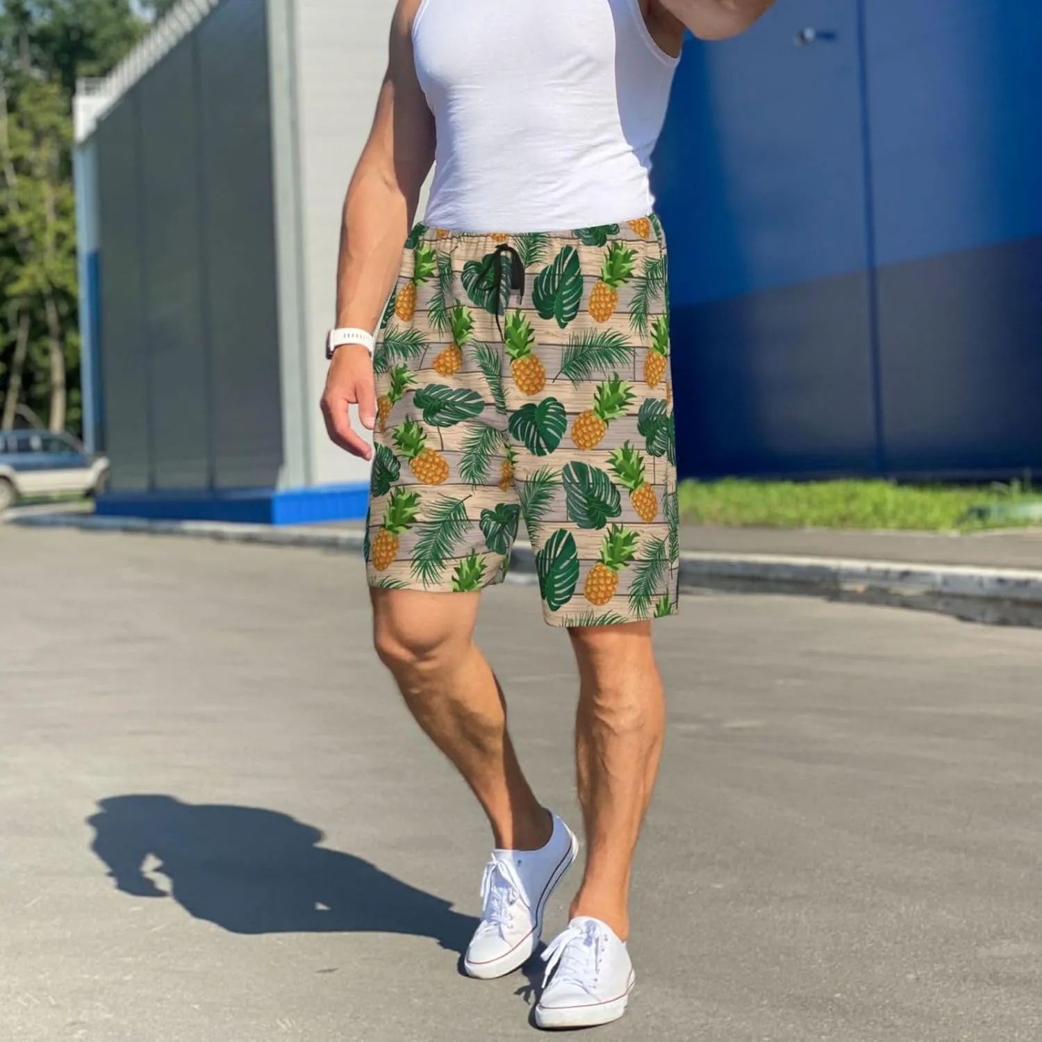 Vosery Mens Pajama Pants - Pineapples Palm Leaves Comfy Sleep Shorts Mens Pajama Shorts, Mens Lounge Shorts Pj Pants