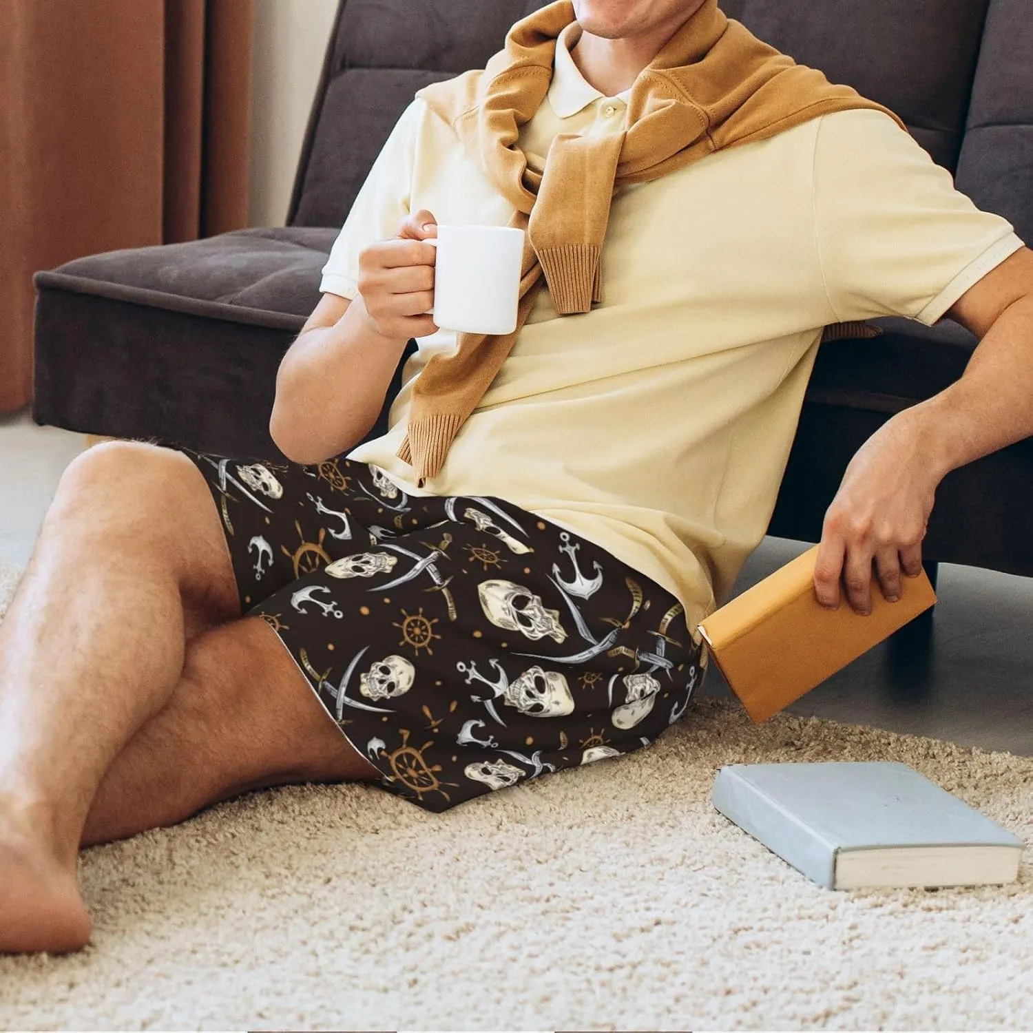 Vosery Mens Pajama Pants - Pirate Skulls Comfy Sleep Shorts Mens Pajama Shorts, Mens Lounge Shorts Pj Pants