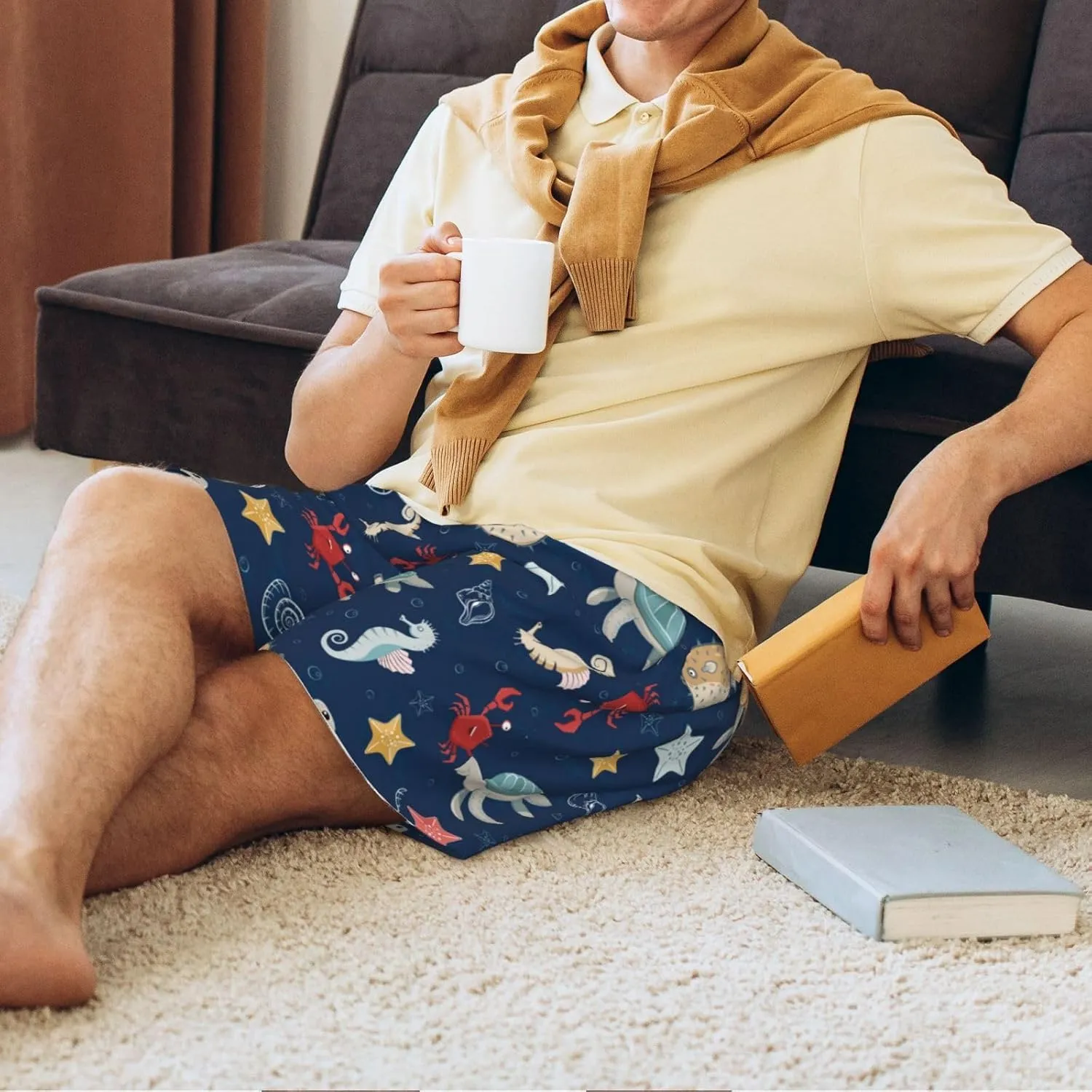 Vosery Mens Pajama Pants - Sea Creatures Comfy Sleep Shorts Mens Pajama Shorts, Mens Lounge Shorts Pj Pants