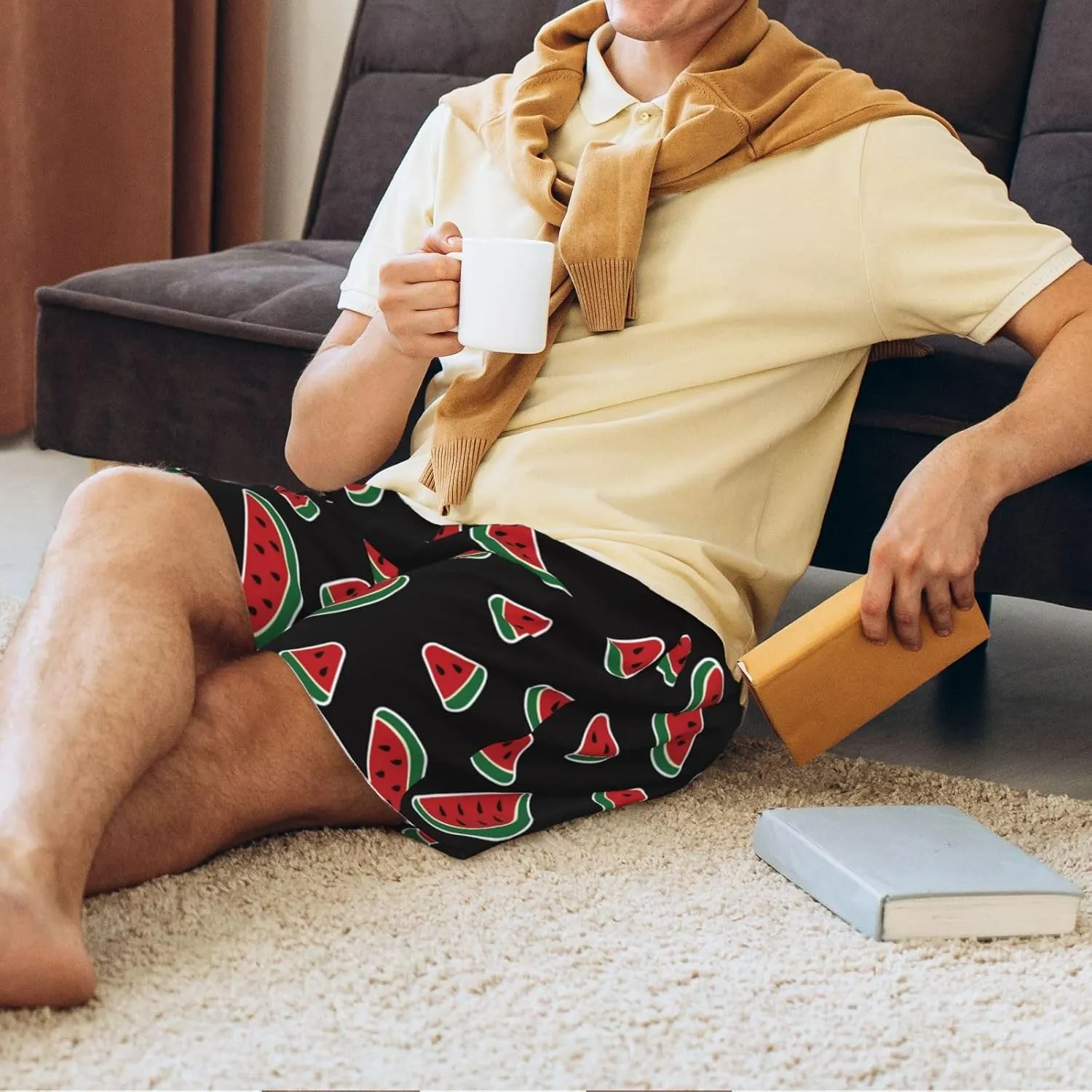 Vosery Mens Pajama Pants - Watermelon Print Comfy Sleep Shorts Mens Pajama Shorts, Mens Lounge Shorts Pj Pants