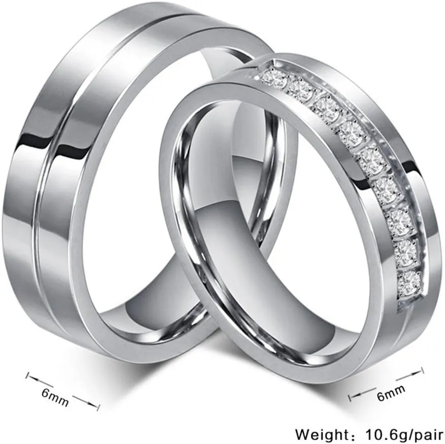 Wang Rong ROWAG 6MM Men Titanium Stainless Steel Wedding Promise Engagement Couple Rings for Him and Her Women Cubic Zirconia CZ Bands