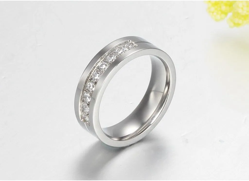Wang Rong ROWAG 6MM Men Titanium Stainless Steel Wedding Promise Engagement Couple Rings for Him and Her Women Cubic Zirconia CZ Bands