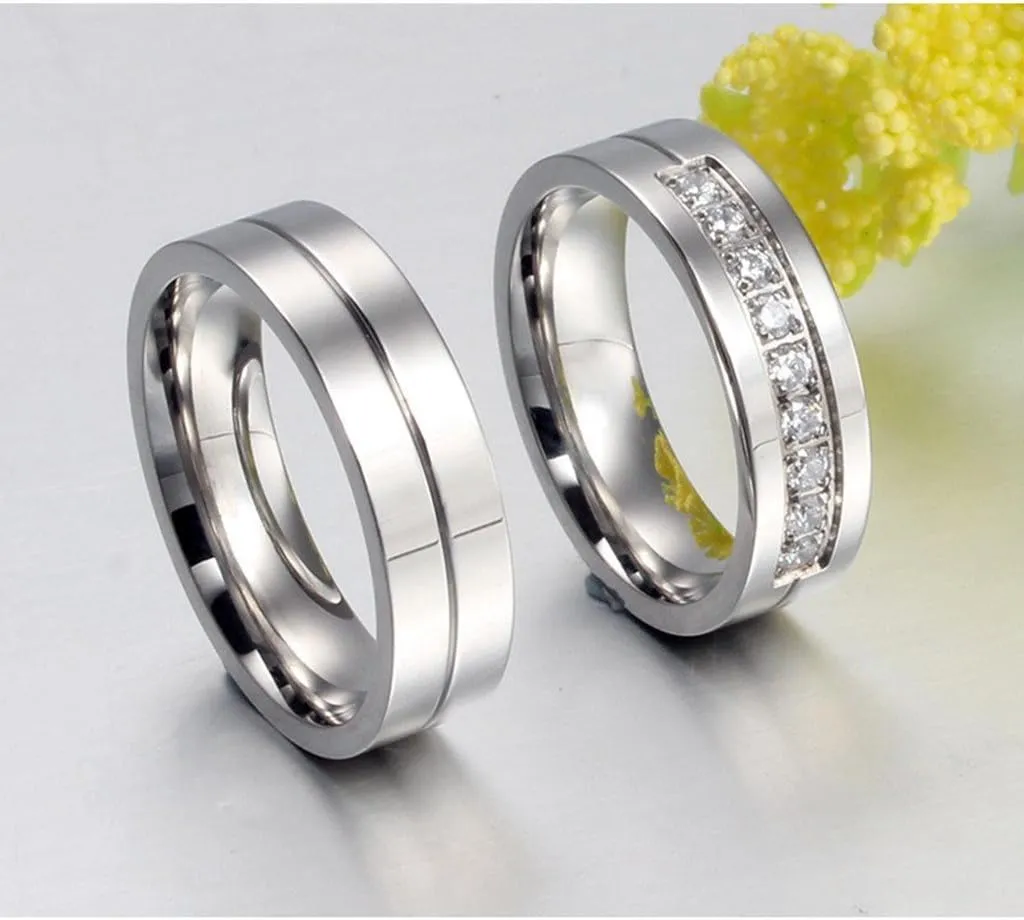 Wang Rong ROWAG 6MM Men Titanium Stainless Steel Wedding Promise Engagement Couple Rings for Him and Her Women Cubic Zirconia CZ Bands