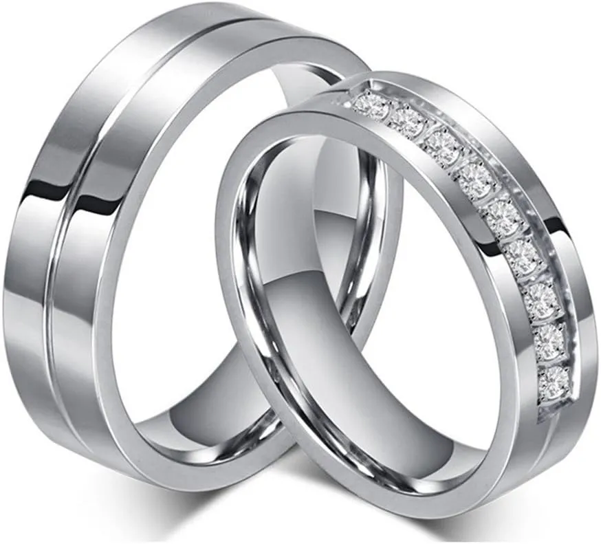 Wang Rong ROWAG 6MM Men Titanium Stainless Steel Wedding Promise Engagement Couple Rings for Him and Her Women Cubic Zirconia CZ Bands