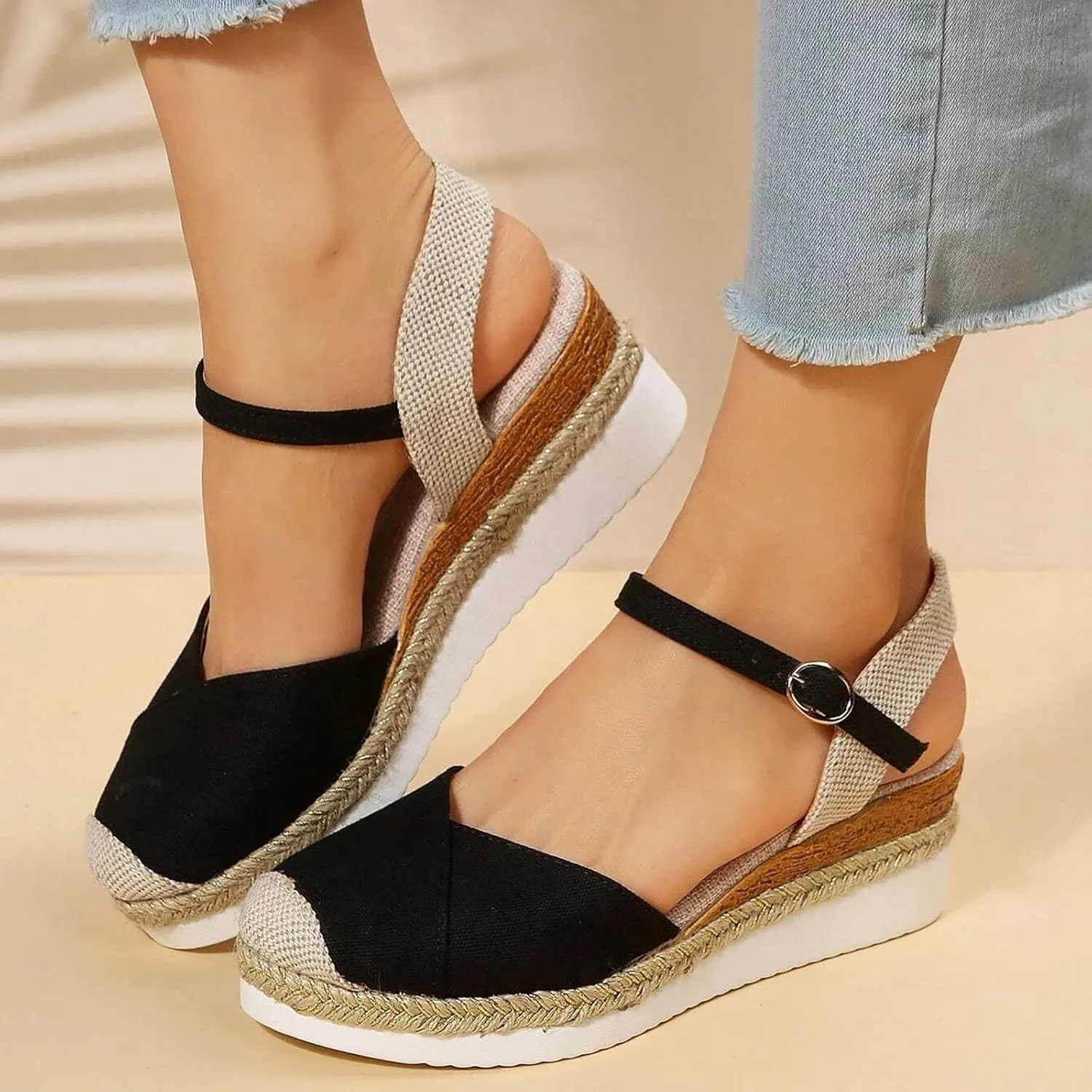 Wedge Sandals for Women,Womens Espadrille Platform Wedge Sandals Open Toe Ankle Strap Buckle Platform Sandals Casual Summer Dress Shoes Platform Sandals Lightweight Womens Sandals