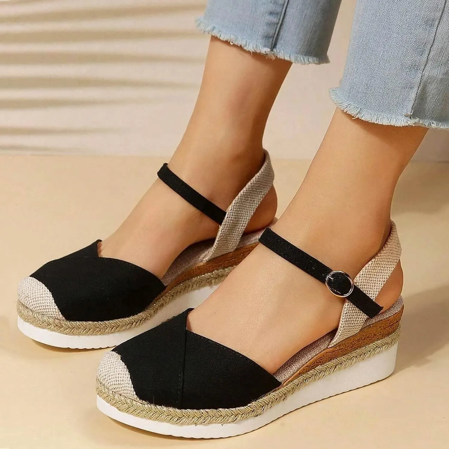 Wedge Sandals for Women,Womens Espadrille Platform Wedge Sandals Open Toe Ankle Strap Buckle Platform Sandals Casual Summer Dress Shoes Platform Sandals Lightweight Womens Sandals