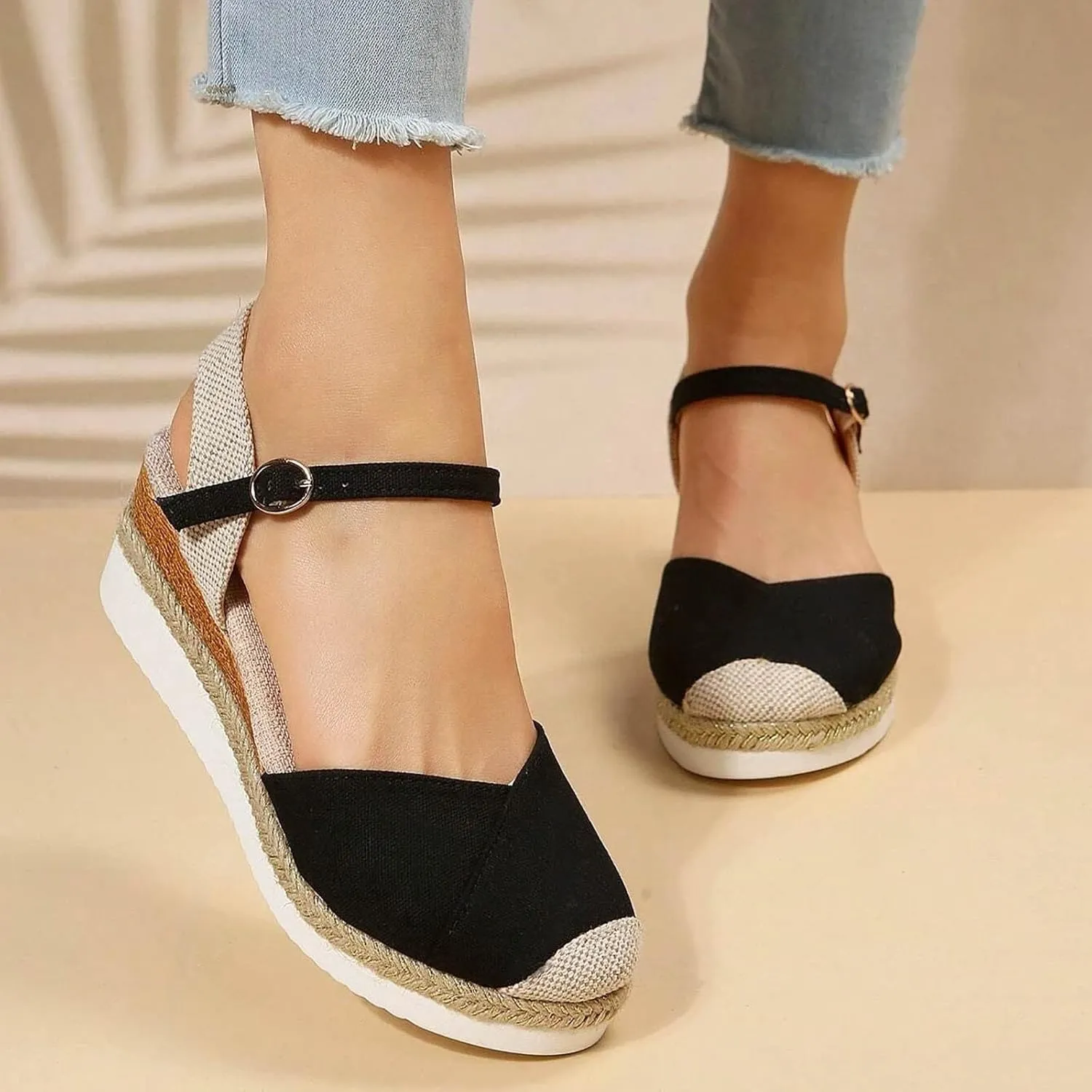 Wedge Sandals for Women,Womens Espadrille Platform Wedge Sandals Open Toe Ankle Strap Buckle Platform Sandals Casual Summer Dress Shoes Platform Sandals Lightweight Womens Sandals