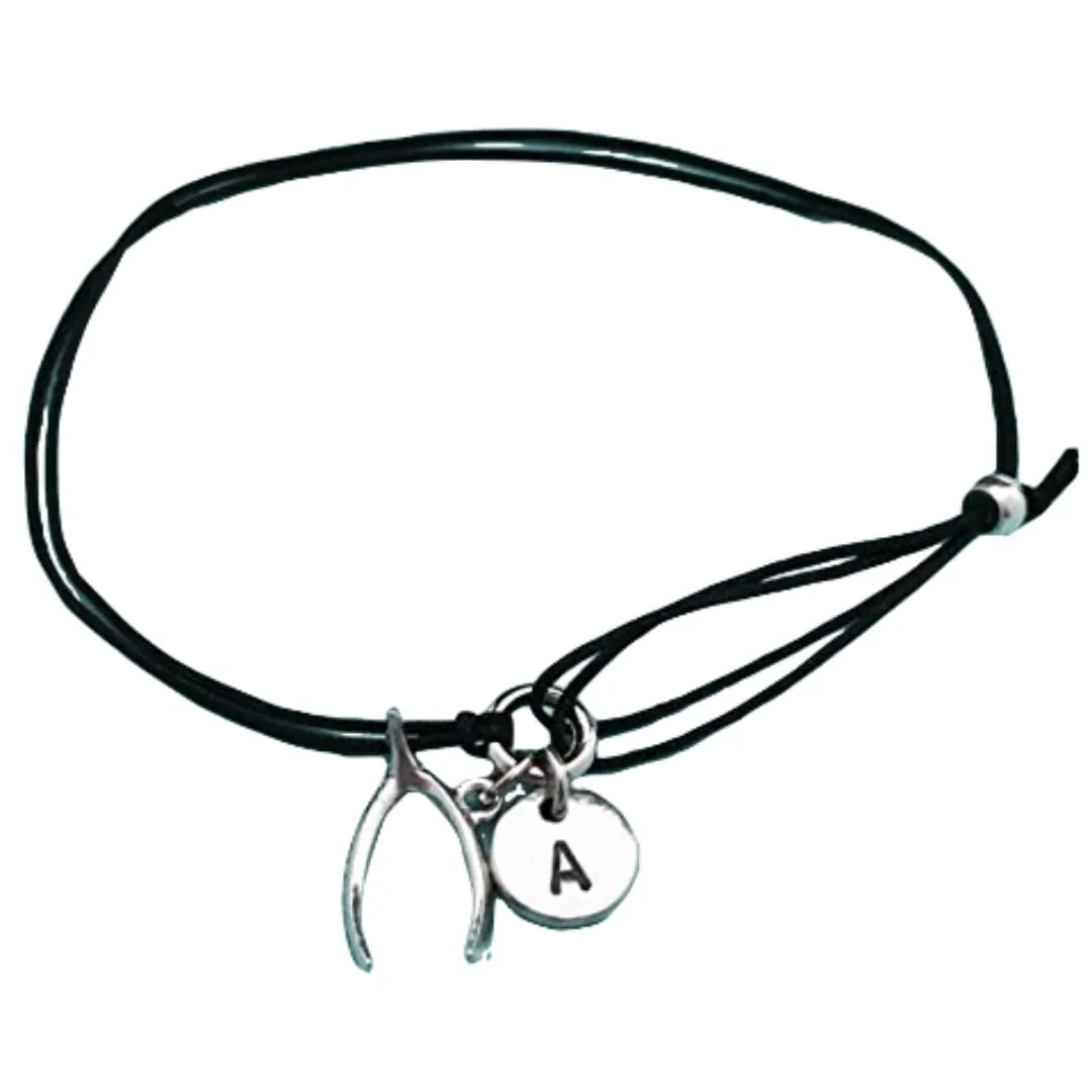 Wishbone cord bracelet, wishbone charm bracelet, adjustable bracelet, charm bracelet, personalized bracelet, initial, monogram