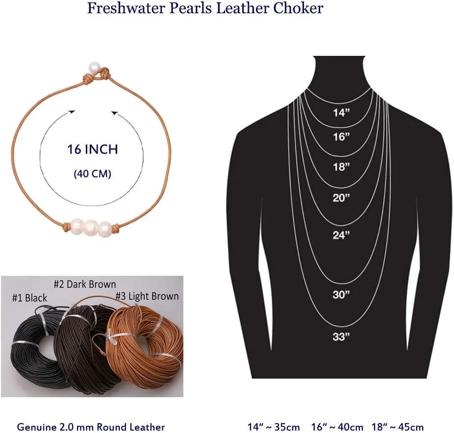 Women White 3 Cultured Freshwater Pearls Choker Necklace on Genuine Leather Cord Knotted Jewelry