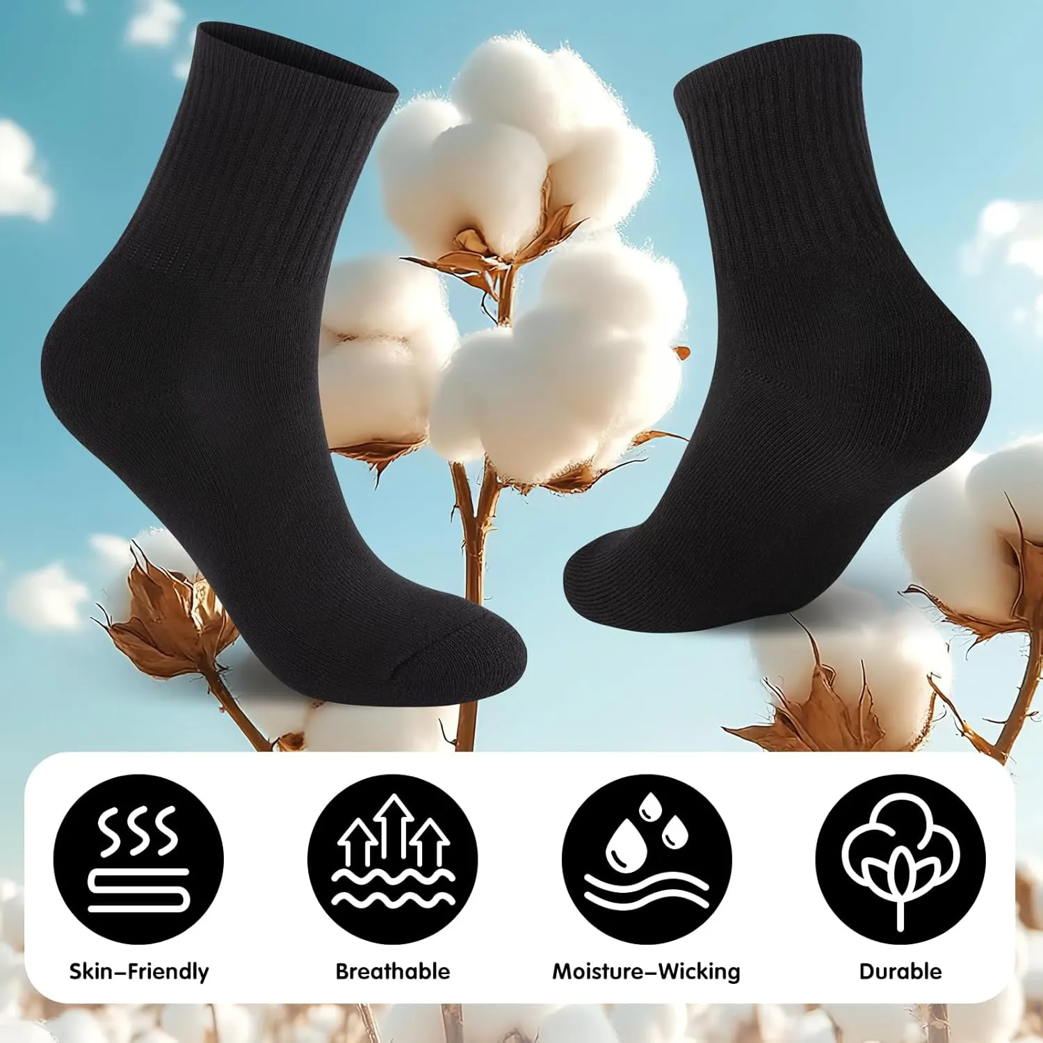 Womens 100% Cotton Cushioned Ankle Socks, Athletic Quarter Mini Crew Socks.