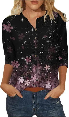 Womens 3/4 Length Sleeve Tee Shirts 2024 Summer Floral Print V Neck Womens Button Up Blouses Casual Pullover