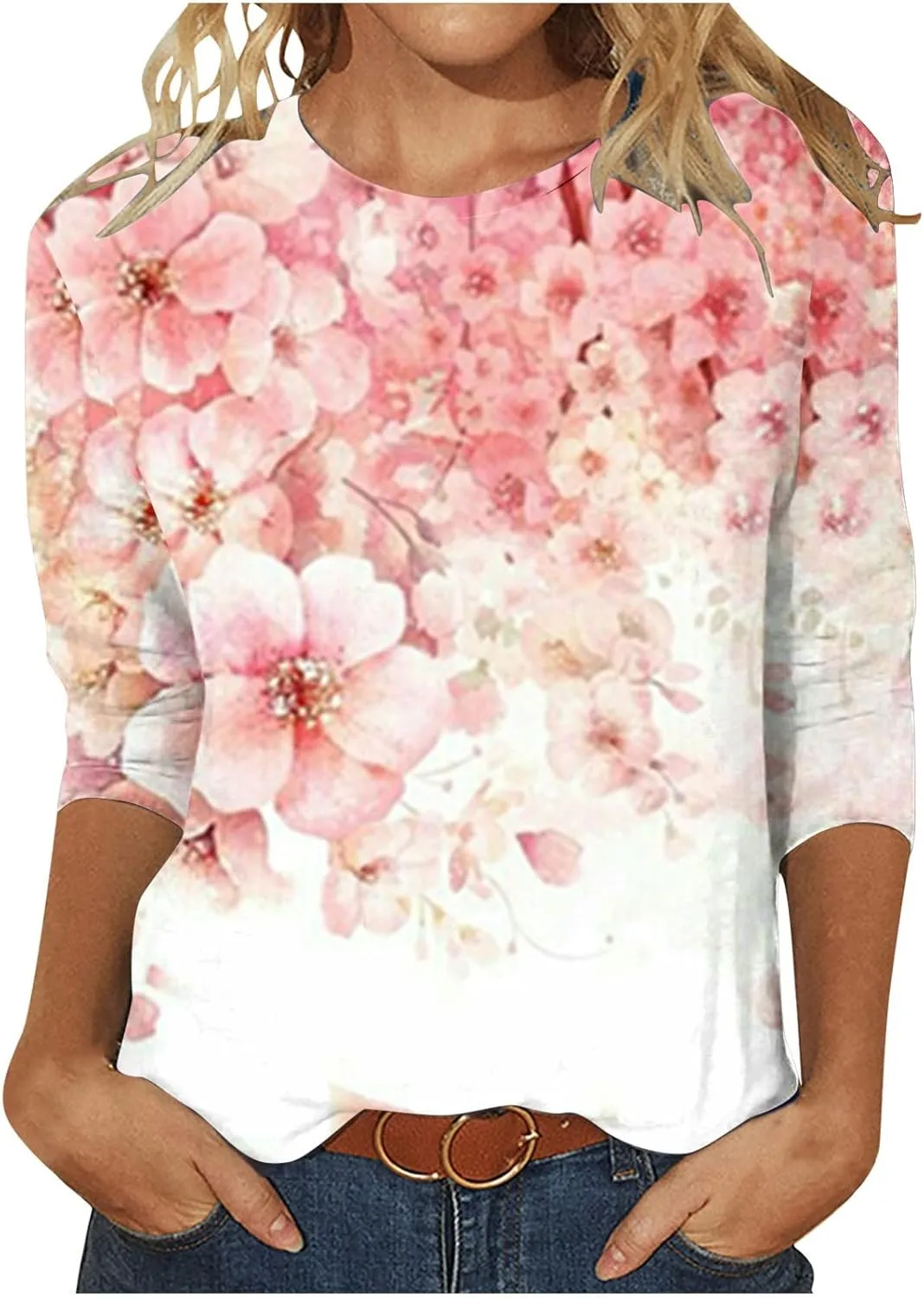 Womens 3/4 Length Sleeve Tee Shirts 2024 Summer Floral Print V Neck Womens Button Up Blouses Casual Pullover