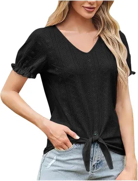 Womens 3/4 Pleated Short Sleeve Top Shirt Comfy Crewneck Lightweight Tunics Loose Fit Blouses Basic Cozy Tees for Ladies