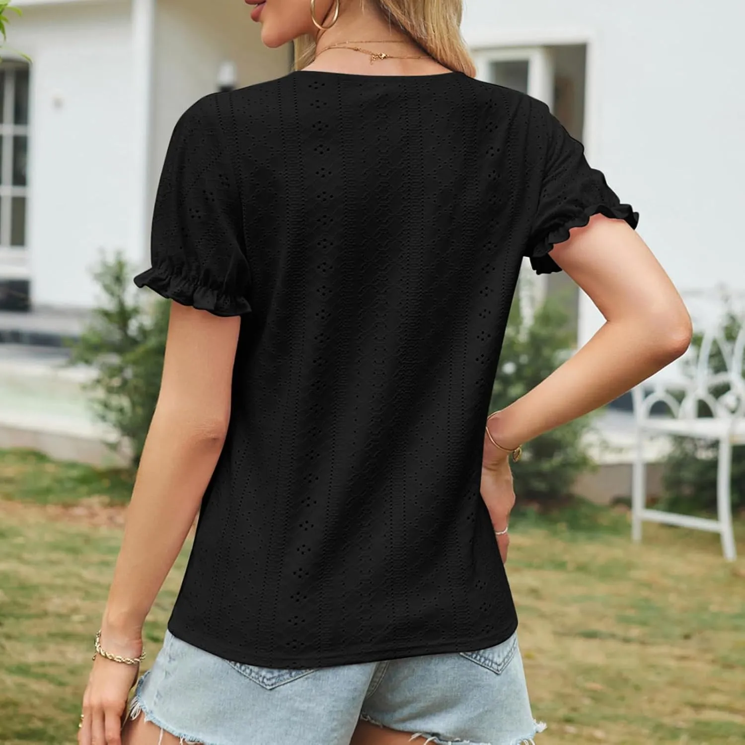 Womens 3/4 Pleated Short Sleeve Top Shirt Comfy Crewneck Lightweight Tunics Loose Fit Blouses Basic Cozy Tees for Ladies