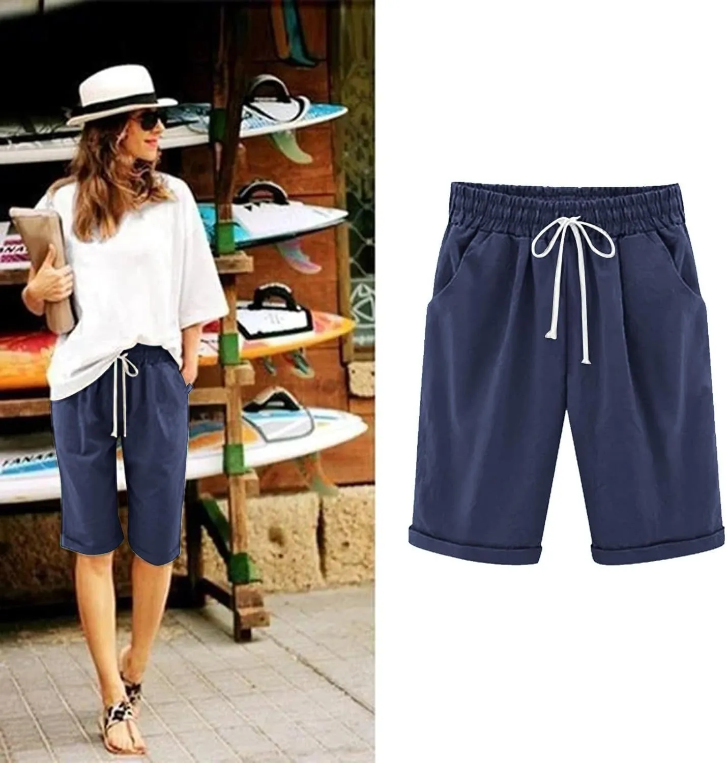 Womens Bermuda Shorts Knee Length Loose Fit Cotton Linen Shorts Elastic Waist Workout Shorts Summer Beach Shorts