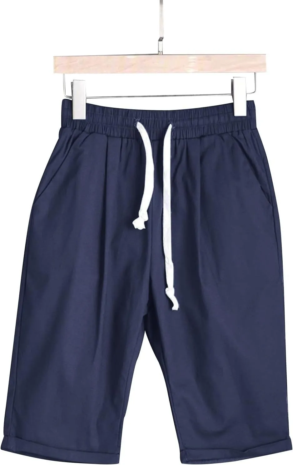 Womens Bermuda Shorts Knee Length Loose Fit Cotton Linen Shorts Elastic Waist Workout Shorts Summer Beach Shorts