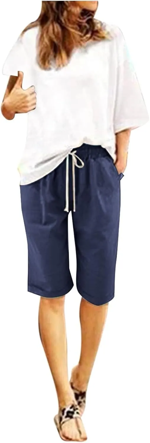 Womens Bermuda Shorts Knee Length Loose Fit Cotton Linen Shorts Elastic Waist Workout Shorts Summer Beach Shorts
