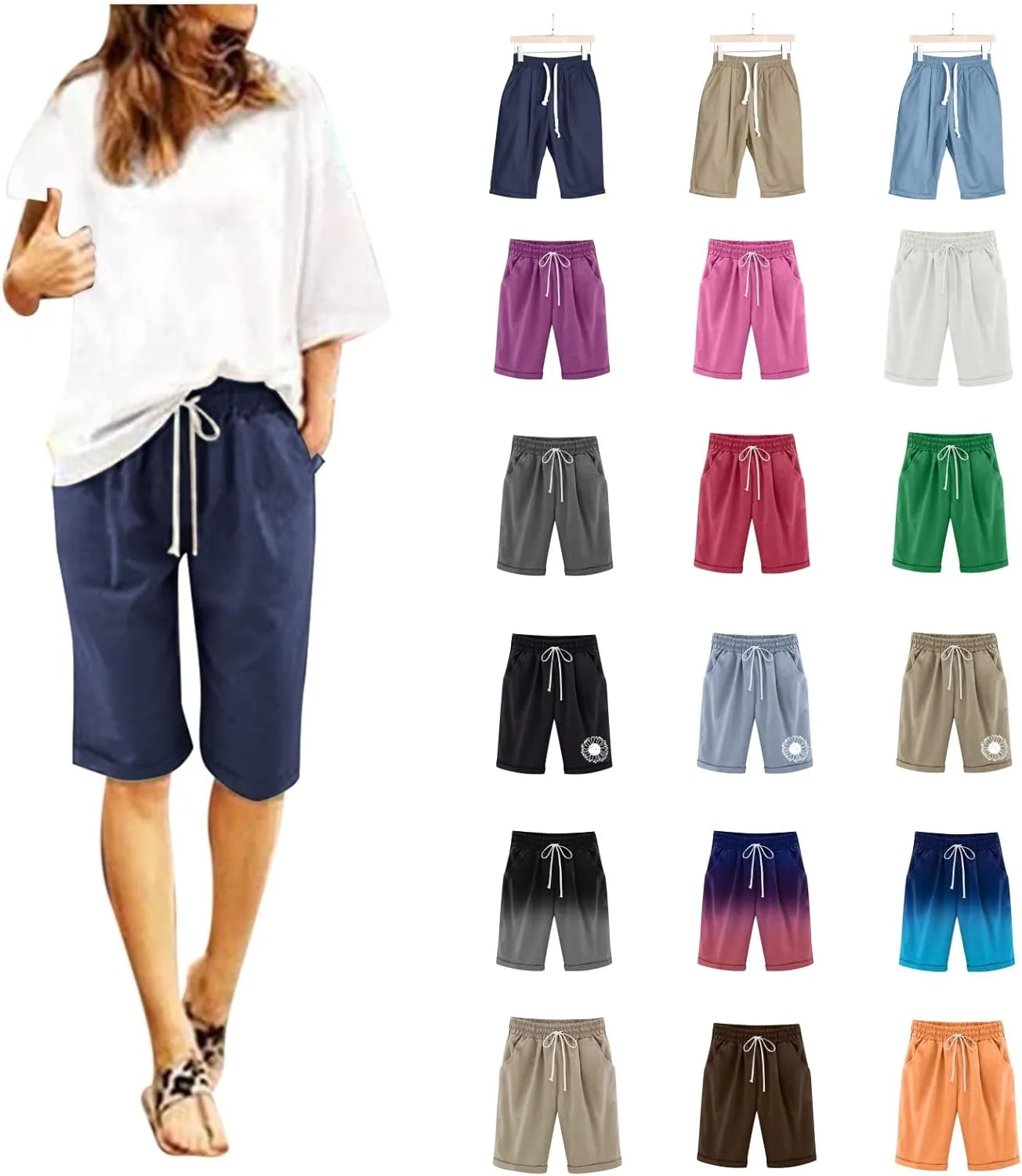Womens Bermuda Shorts Knee Length Loose Fit Cotton Linen Shorts Elastic Waist Workout Shorts Summer Beach Shorts