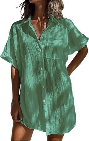 Womens Button Down Shirts Long Tunics Cotton Linen Dress Plus Size Short Sleeve Tops Beach Cover up Loose Blouse 2025