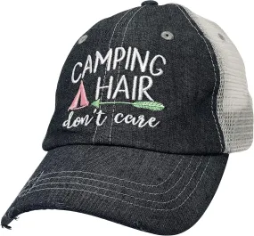 Womens Camping Hair Don't Care Adjustable Ponytail Distressed Hat | Camping Hat Dark Grey