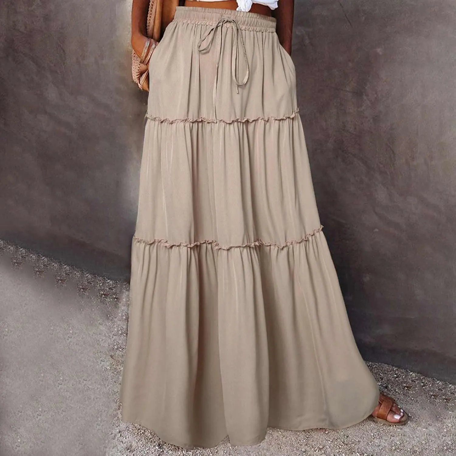 Womens Casual High Waist Tie Paisley Print Long Maxi Skirt with Pockets