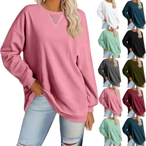 Women's Casual Long Sleeve Shirts Tops Loose Casual Solid Round Neck Pullover Blouse 2024 Fall Outfits