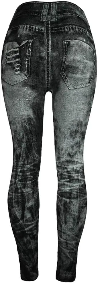 Womens Denim Printed Leggings Stretch Skinny Fit High Waisted Seamless Full Leggings Fashion Ripped Hole Leggings