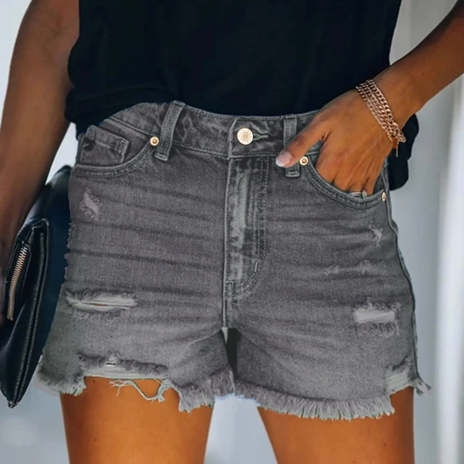 Womens Denim Shorts Mid Rise Ripped Jean Shorts Summer Stretchy Jean Shorts Distressed Rolled Hem Jeans Shorts