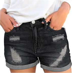 Womens Denim Shorts Stretchy Cute Ripped Low Rise Vintage Jeans Shorts Plain Color Folded Hem Hot Shorts Womens Shorts for Summer Dressy