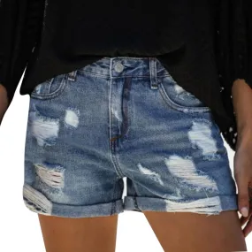 Womens Denim Shorts Stretchy Trendy Ripped Low Rise Mom Jeans Shorts Pure Color Rolled Up Hem Hot Shorts Womens Shorts for Summer