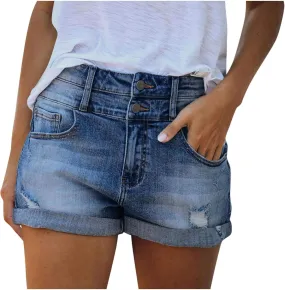 Womens Denim Shorts Stretchy Trendy Ripped Low Rise Mom Shorts Jeans Pure Color Folded Hem Hot Shorts Womens Shorts for Summer Dressy