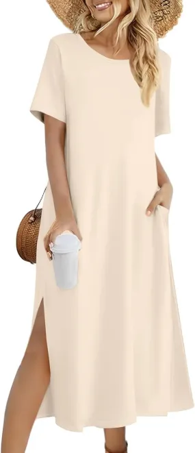 Womens Dresses Slit Short Sleeve Round Neck Sexy Bohemian Casual Loose Fit Dress