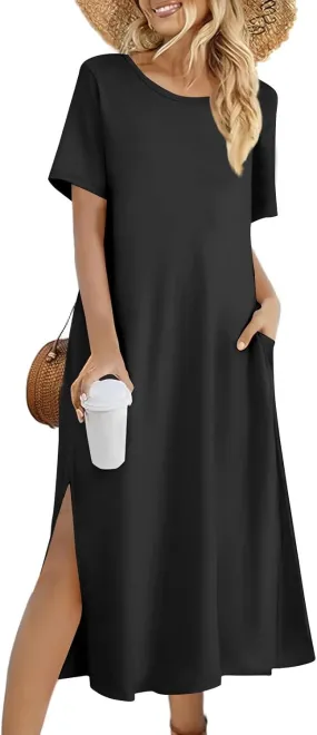 Womens Dresses Slit Short Sleeve Round Neck Sexy Bohemian Casual Loose Fit Dress